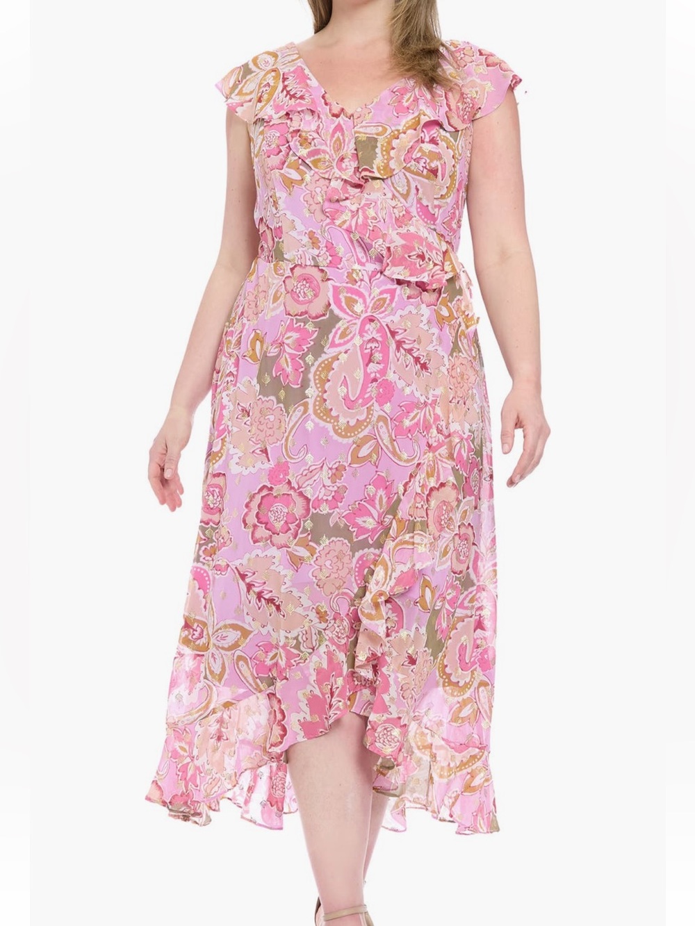 London Times Pink Paisley High-Low Ruffle Faux Wrap Dress